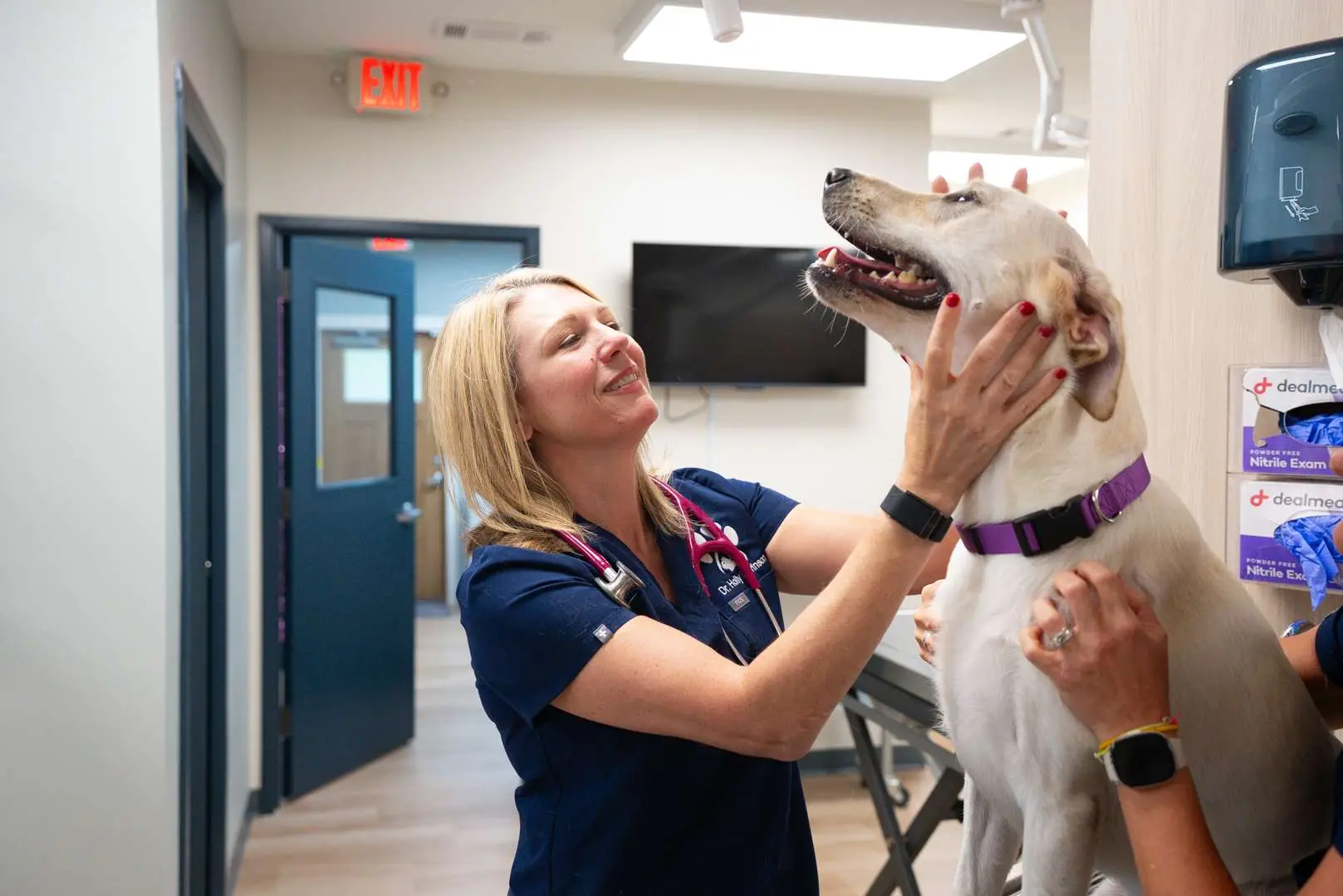 Dr. Holly Marrinson, orthopedic surgery veterinarian in the Hickory Flat area of Woodstock, GA, laughing with a happy white dog